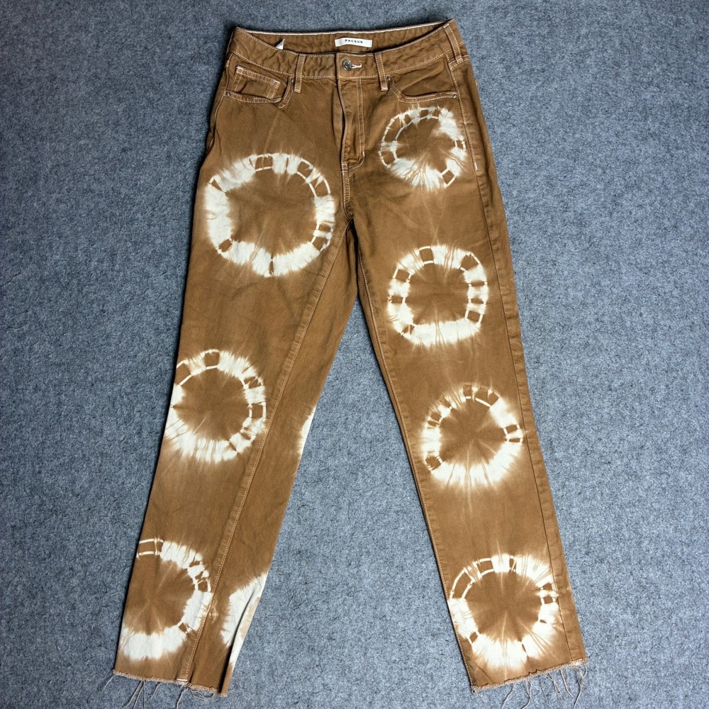 PacSun Tie Dye Straight Leg Jeans Women 27x27 Brown White Excellent Raw Hem Boho